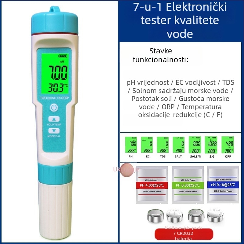 Prijenosni analizer kvalitete vode – sedam u jednom s ORP, pH (0-14), TDS (0-9999 ppm), slanost; raspon pH 0-14, raspon TDS 0-9999 ppm, preciznost 0.01, napajanje 3x1.5V