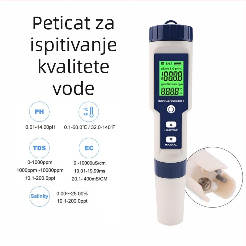 Prijenosni analitičar kakvoće vode, pet u jednom s mjerenjem pH, TDS, EC i temperature, model Ez-9909a; raspon pH 0.01–14.00; točnost 0.01 pH; rezolucija 0.02; napajanje 3×1.5V.
