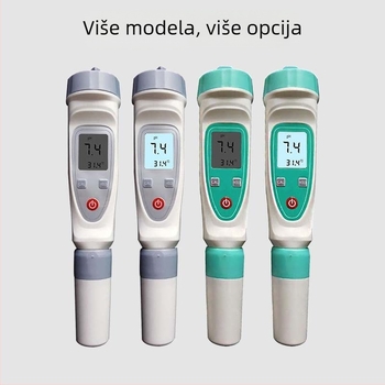 Prenosni pH mjerač vode, raspon 0,1–14,0 pH, točnost 0,1 pH, kompenzacija temperature 0–50 °C; tip sonde: integrirani / odvojeni.