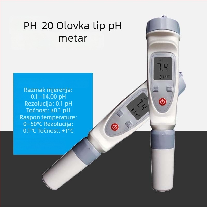Prenosni pH mjerač vode, raspon 0,1–14,0 pH, točnost 0,1 pH, kompenzacija temperature 0–50 °C; tip sonde: integrirani / odvojeni.