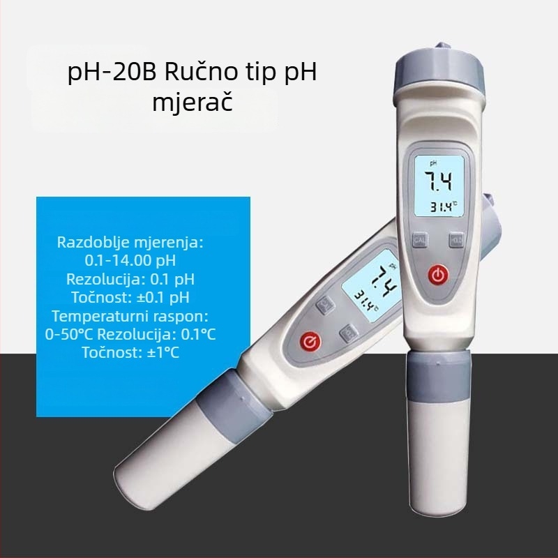 Prenosni pH mjerač vode, raspon 0,1–14,0 pH, točnost 0,1 pH, kompenzacija temperature 0–50 °C; tip sonde: integrirani / odvojeni.