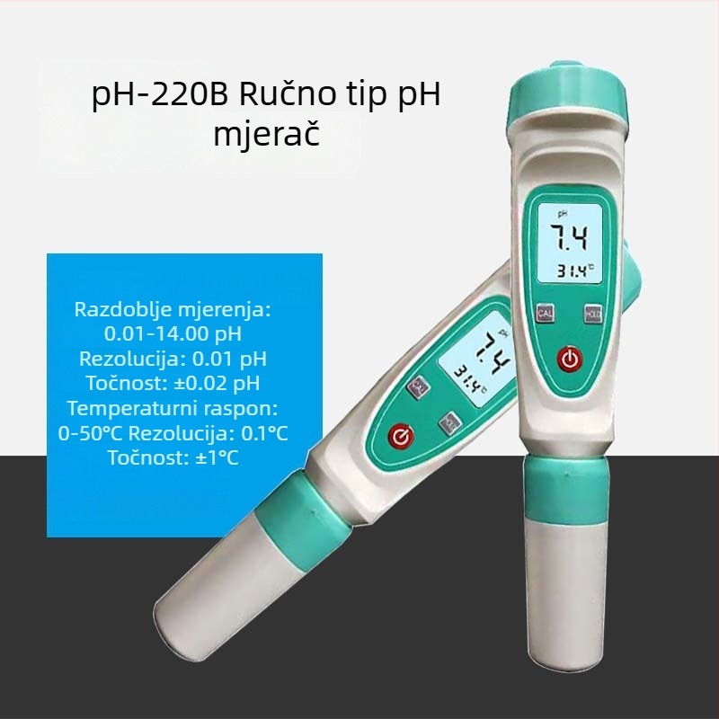 Prenosni pH mjerač vode, raspon 0,1–14,0 pH, točnost 0,1 pH, kompenzacija temperature 0–50 °C; tip sonde: integrirani / odvojeni.