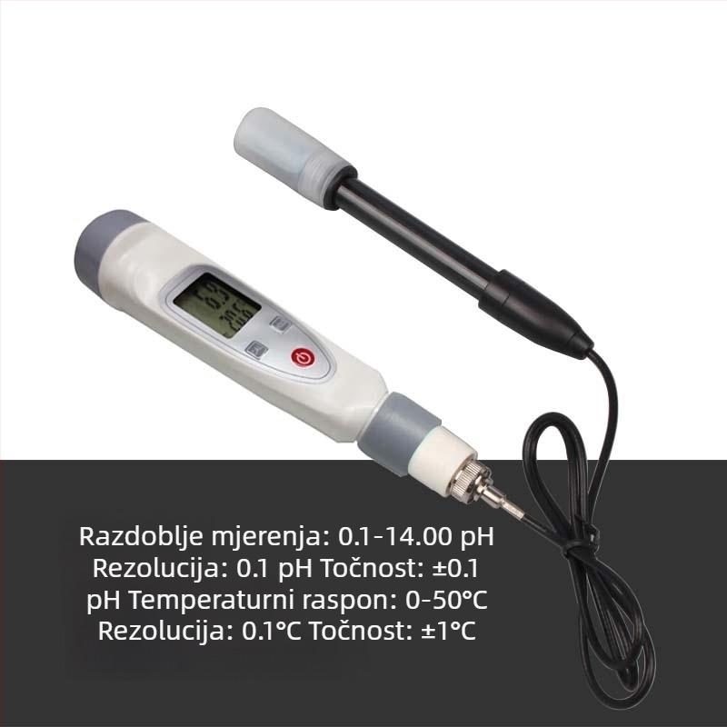 Prenosni pH mjerač vode, raspon 0,1–14,0 pH, točnost 0,1 pH, kompenzacija temperature 0–50 °C; tip sonde: integrirani / odvojeni.
