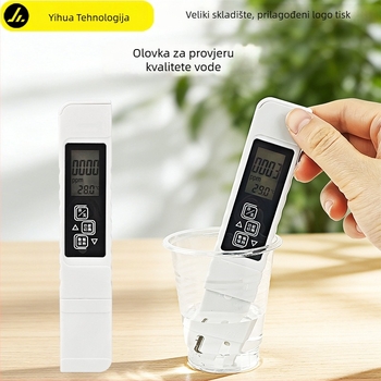 Prijenosni TDS tester kvalitete vode s mjerenjem pH i otopljenog kisika, raspon 0–9999 ppm, provodnost 0–9990 µS/cm, točnost 2%, napajanje 3V