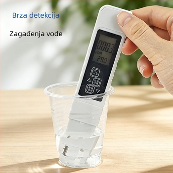 Prijenosni TDS tester kvalitete vode s mjerenjem pH i otopljenog kisika, raspon 0–9999 ppm, provodnost 0–9990 µS/cm, točnost 2%, napajanje 3V