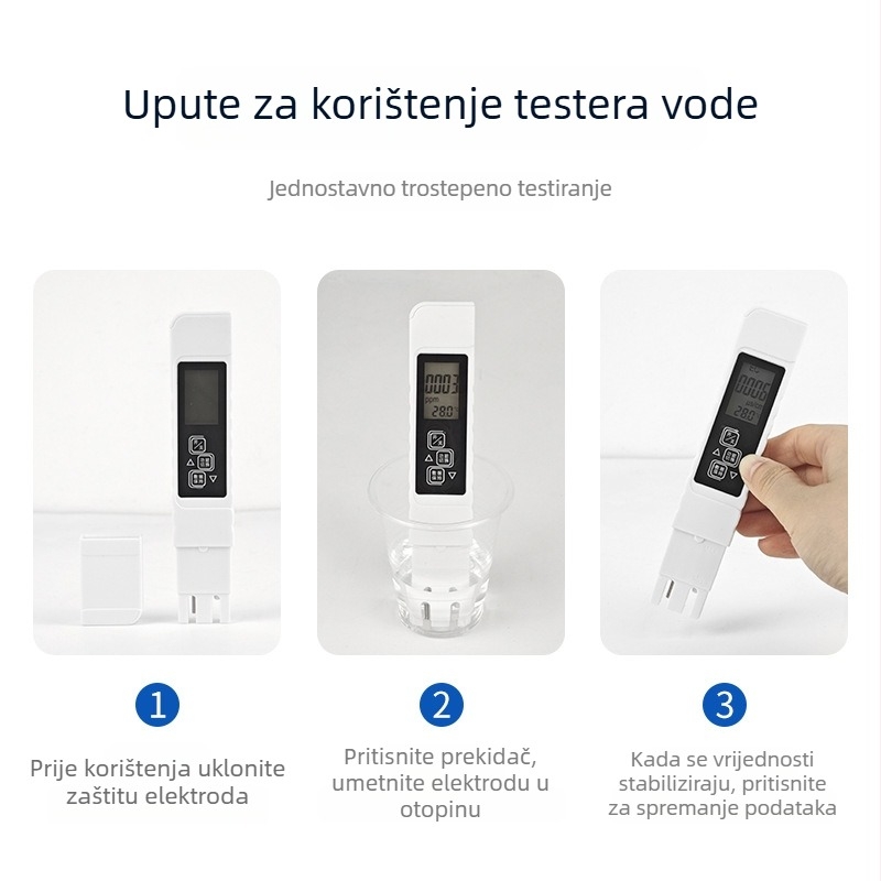 Prijenosni TDS tester kvalitete vode s mjerenjem pH i otopljenog kisika, raspon 0–9999 ppm, provodnost 0–9990 µS/cm, točnost 2%, napajanje 3V