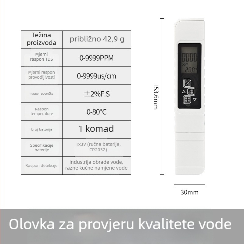Prijenosni TDS tester kvalitete vode s mjerenjem pH i otopljenog kisika, raspon 0–9999 ppm, provodnost 0–9990 µS/cm, točnost 2%, napajanje 3V