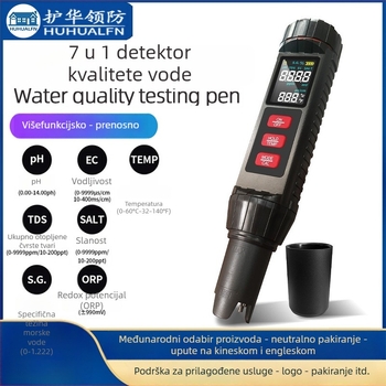 Prijenosni analizator kvalitete vode — mjeri pH, EC/tds, slanost i temperaturu; točnost ±2% FS; napajanje 3V