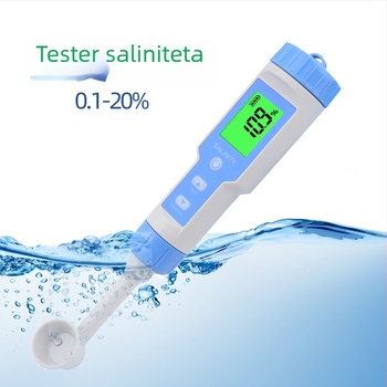 Prijenosni analizator kvalitete vode za mjerenje pH i slanosti; raspon soli 0-20%; točnost 0,1; rezolucija 0,1; napajanje 3×1,5V.