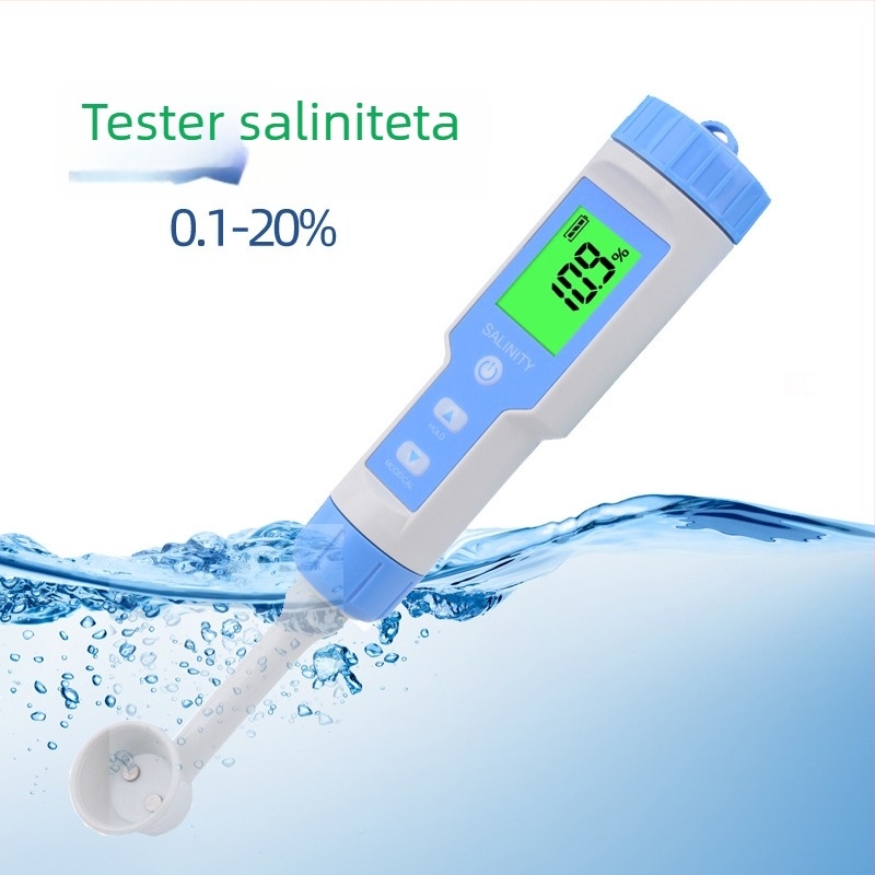 Prijenosni analizator kvalitete vode za mjerenje pH i slanosti; raspon soli 0-20%; točnost 0,1; rezolucija 0,1; napajanje 3×1,5V.