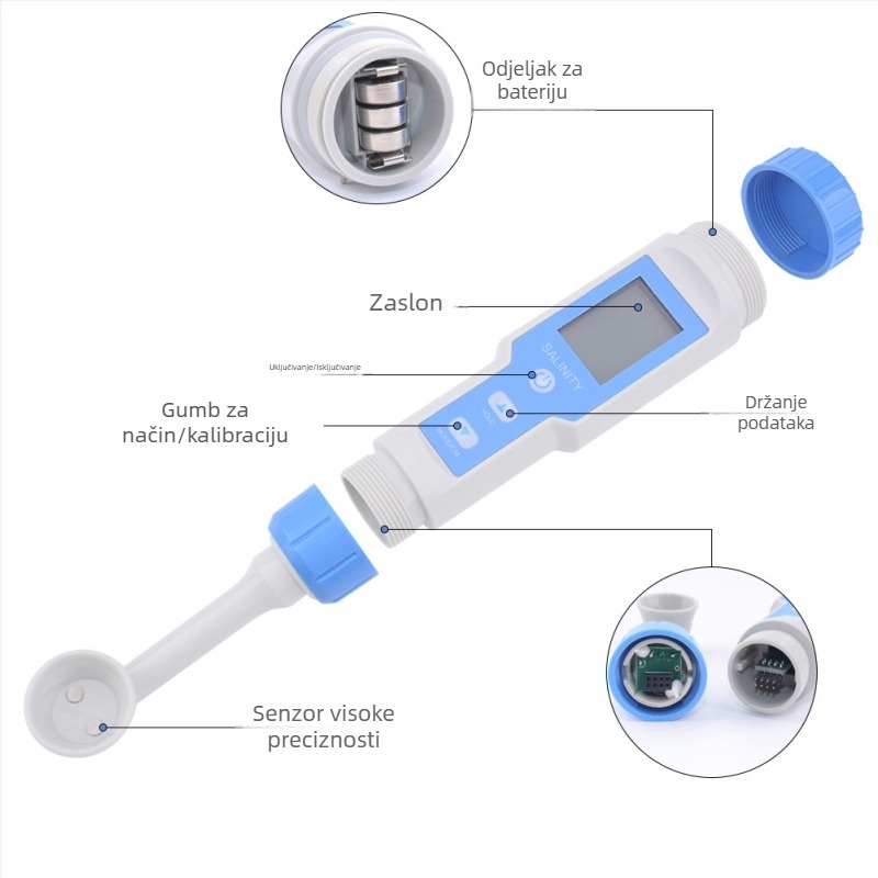 Prijenosni analizator kvalitete vode za mjerenje pH i slanosti; raspon soli 0-20%; točnost 0,1; rezolucija 0,1; napajanje 3×1,5V.