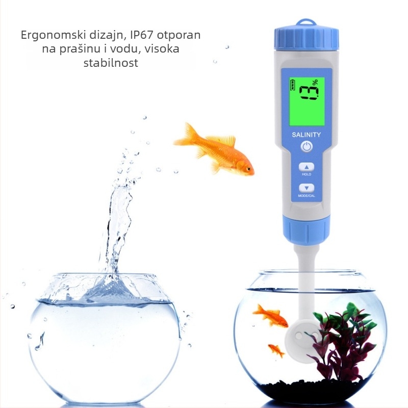 Prijenosni analizator kvalitete vode za mjerenje pH i slanosti; raspon soli 0-20%; točnost 0,1; rezolucija 0,1; napajanje 3×1,5V.