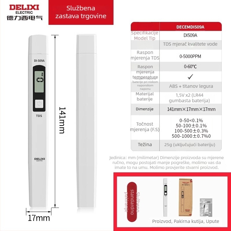 Prijenosni TDS tester kvalitete vode Delixi Electric, model DECEMDI509A, raspon 0-5000 ppm