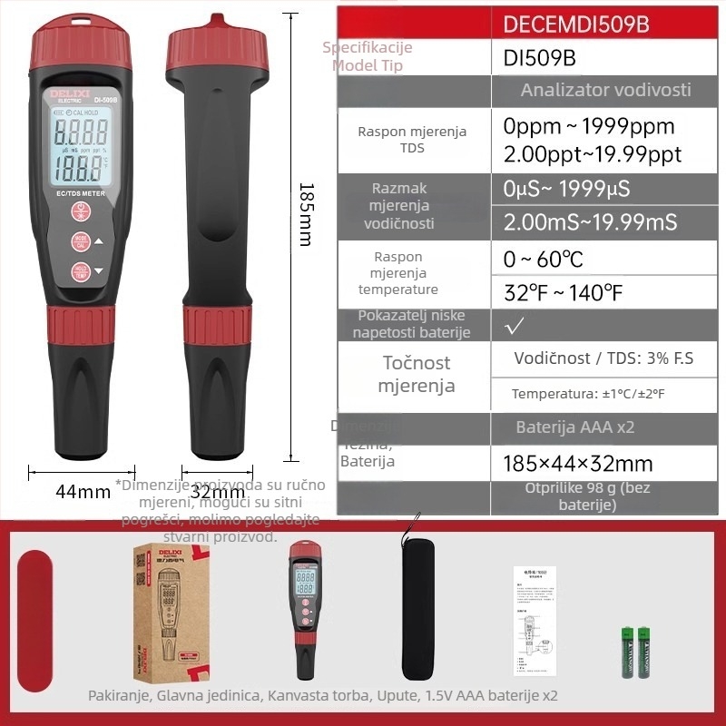 Prijenosni TDS tester kvalitete vode Delixi Electric, model DECEMDI509A, raspon 0-5000 ppm