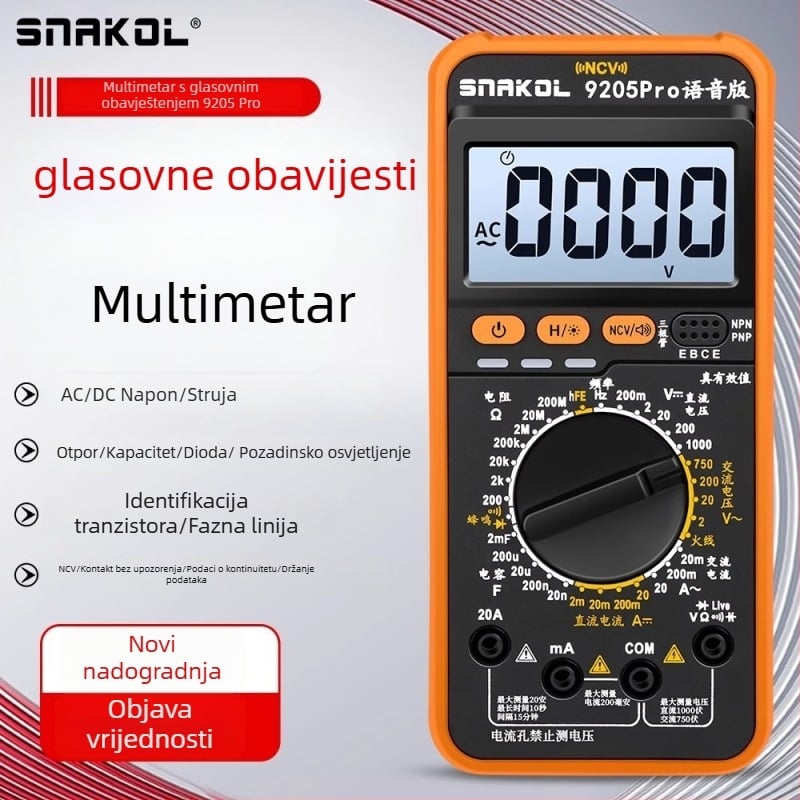 Digitalni multimetar 9205Pro s glasovnim obavještavanjem, visoka preciznost, testiranje tranzistora, spremanje podataka