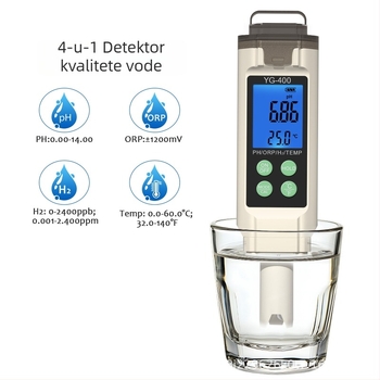 YG-400 4-u-1 Analizator kvalitete vode – pH 0.00–14.00, ORP Redox, vodik obogaćena voda, napajanje LR44×3, za bazene i laboratorije za vodu