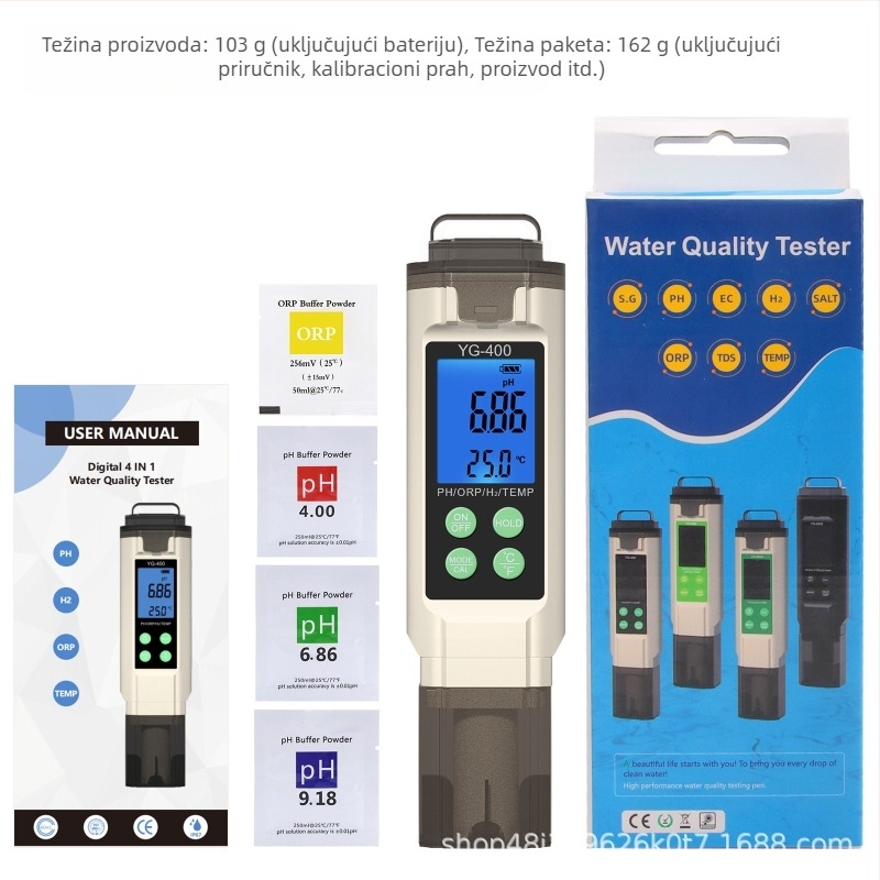 YG-400 4-u-1 Analizator kvalitete vode – pH 0.00–14.00, ORP Redox, vodik obogaćena voda, napajanje LR44×3, za bazene i laboratorije za vodu