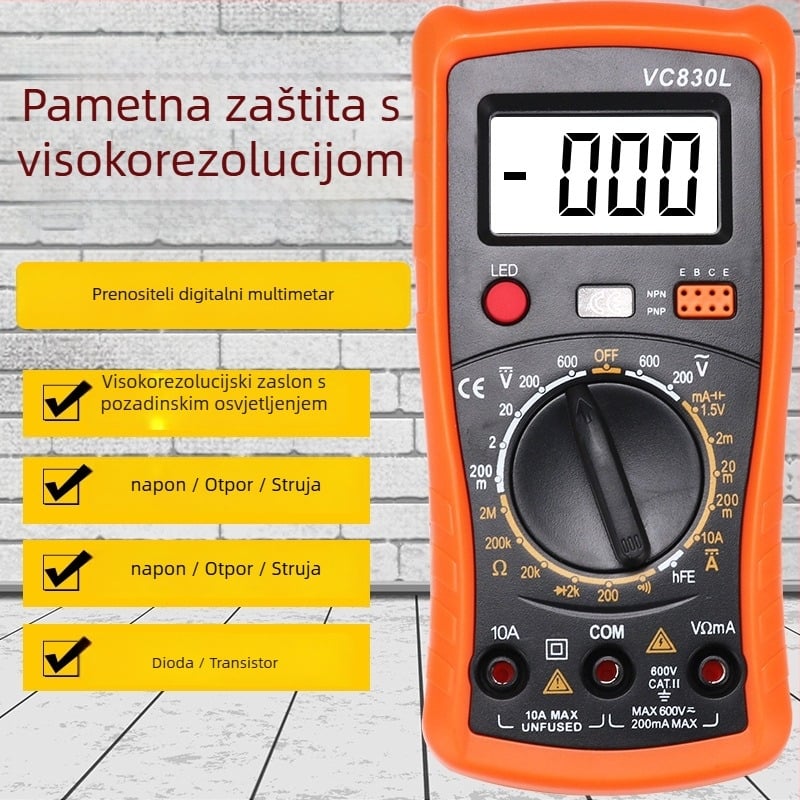 Digitalni multimetar, model A830L, puna zaštita uz zvučnik, test tranzistora, za kućnu upotrebu