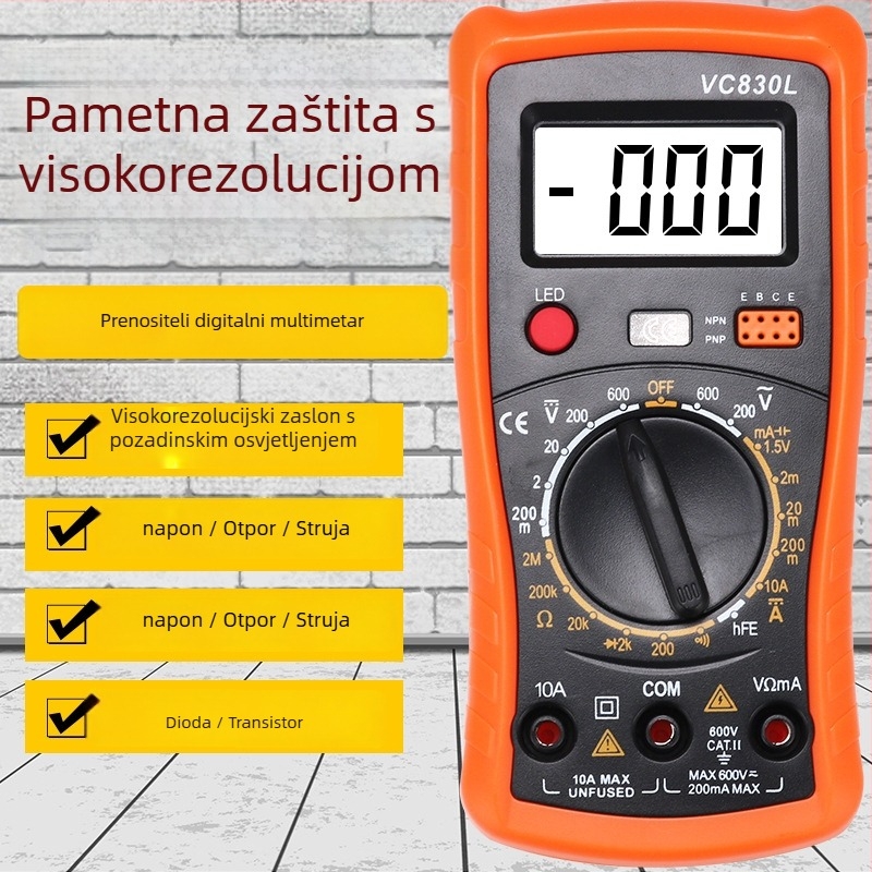 Digitalni multimetar, model A830L, puna zaštita uz zvučnik, test tranzistora, za kućnu upotrebu
