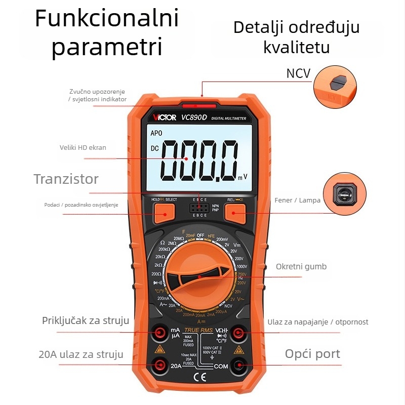 VC890D Digitalni multimetar – ručni, profesionalna upotreba, automatski raspon, test dioda, automatsko isključivanje