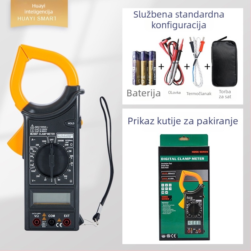 Digitalni klemp ampermetar M266F, prijenosni, mjerenje do 1000 V, do 600 A, otpornost do 20 kΩ, 3999 vrijednosti