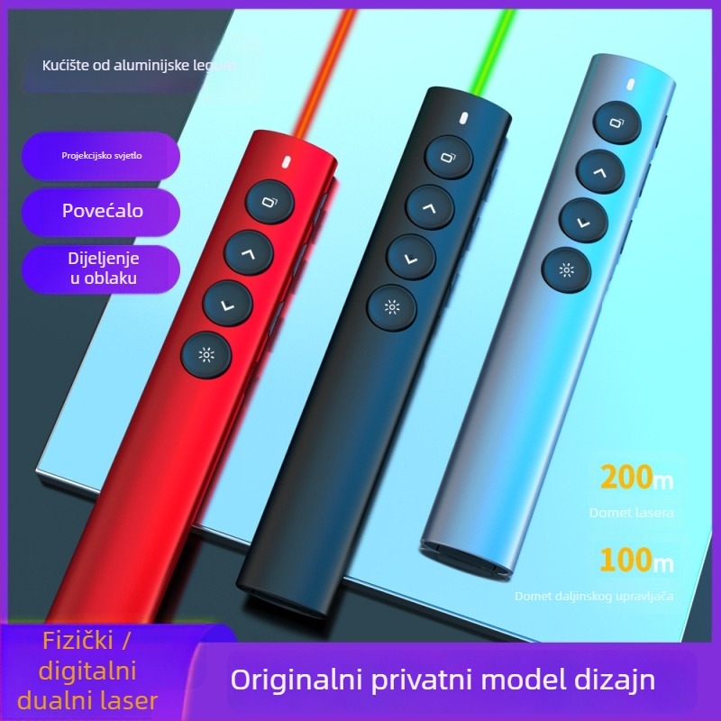 Dvojalaserni bežični pero za ploču – aluminijsko tijelo, Bluetooth/2.4G, 650 nm laser, trajanje baterije >20 h, model Ph600-dg-r