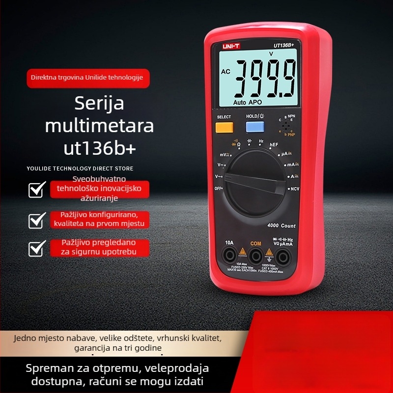 Uni-T UT136B+ digitalni multimetar, ručni, profesionalna upotreba, mjeri DC/AC napon do 1000 V, DC/AC struju do 10 A i kapacitet