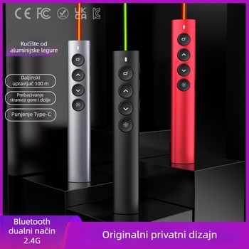 Bežični pokazivač za podučavanje i PPT olovka od aluminijske legure, Bluetooth/2.4G, domet lasera 100 m, valna duljina 650 nm, baterija 180 mAh