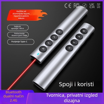 Bežični pokazivač za podučavanje i PPT olovka od aluminijske legure, Bluetooth/2.4G, domet lasera 100 m, valna duljina 650 nm, baterija 180 mAh
