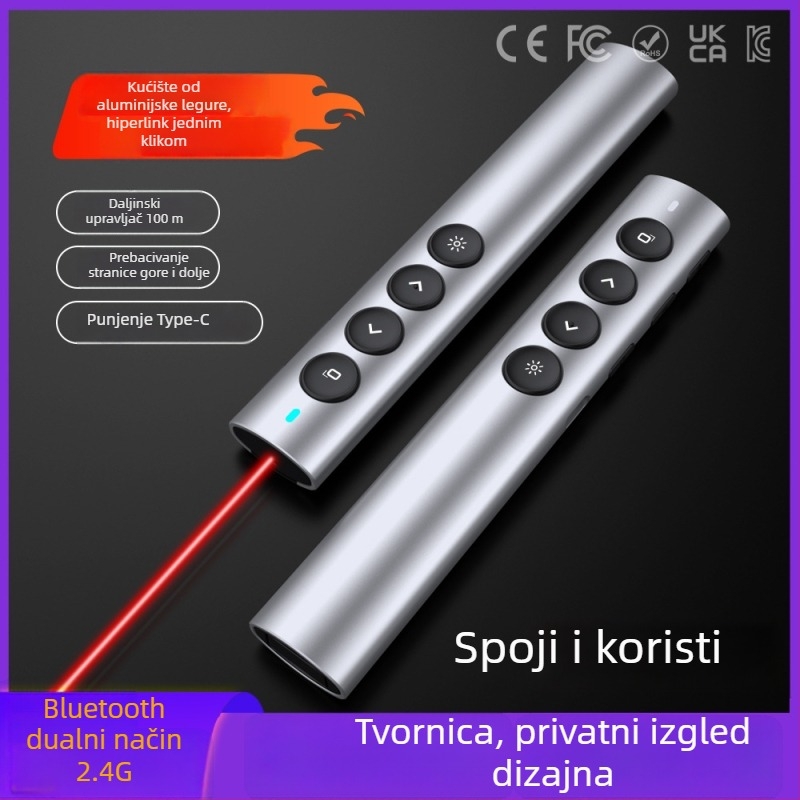 Bežični pokazivač za podučavanje i PPT olovka od aluminijske legure, Bluetooth/2.4G, domet lasera 100 m, valna duljina 650 nm, baterija 180 mAh