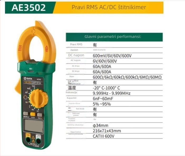 AE3502 AC/DC klampmeter i digitalni multimetar — visoka preciznost, digitalni zaslon, Sida/Sata