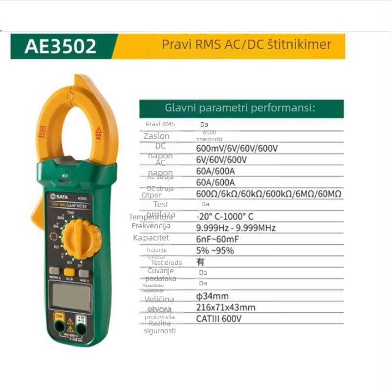 AE3502 AC/DC klampmeter i digitalni multimetar — visoka preciznost, digitalni zaslon, Sida/Sata