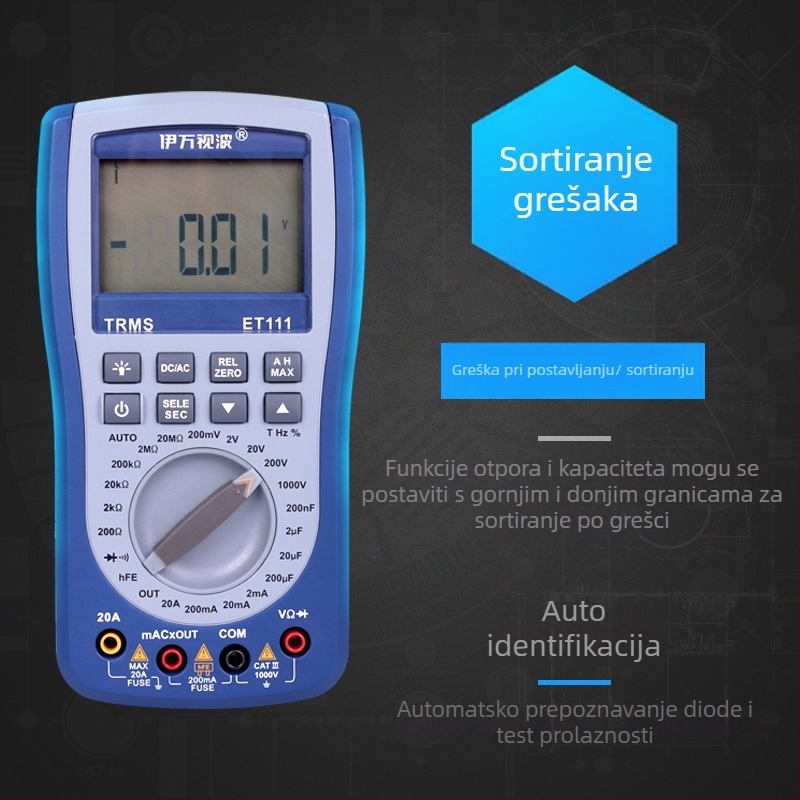 ET111 digitalni multimetar s pravim RMS-om, automatskim rasponom, DC/AC napon i DC/AC strujom, kapacitet