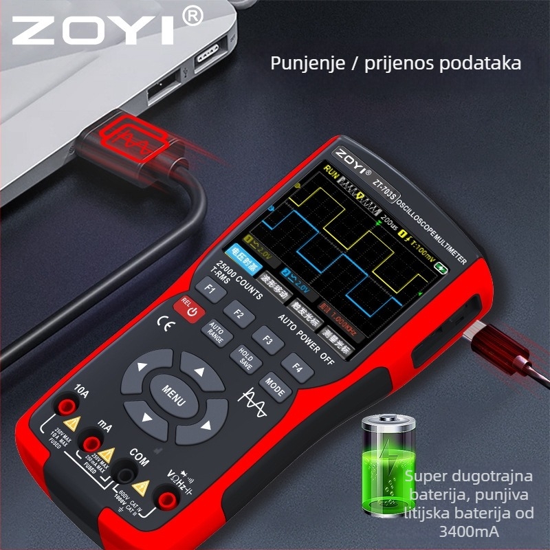 3-u-1 prenosni osciloskop, dvokanalni digitalni multimetar i generator signala
