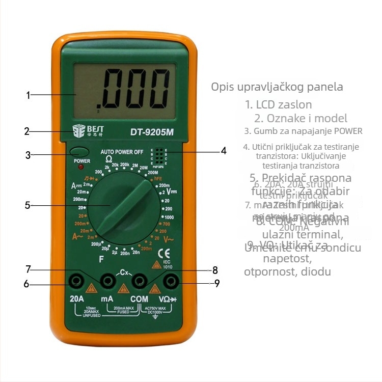 BST-9205M digitalni multimetar s velikim zaslonom i zaštitom od sagorijevanja