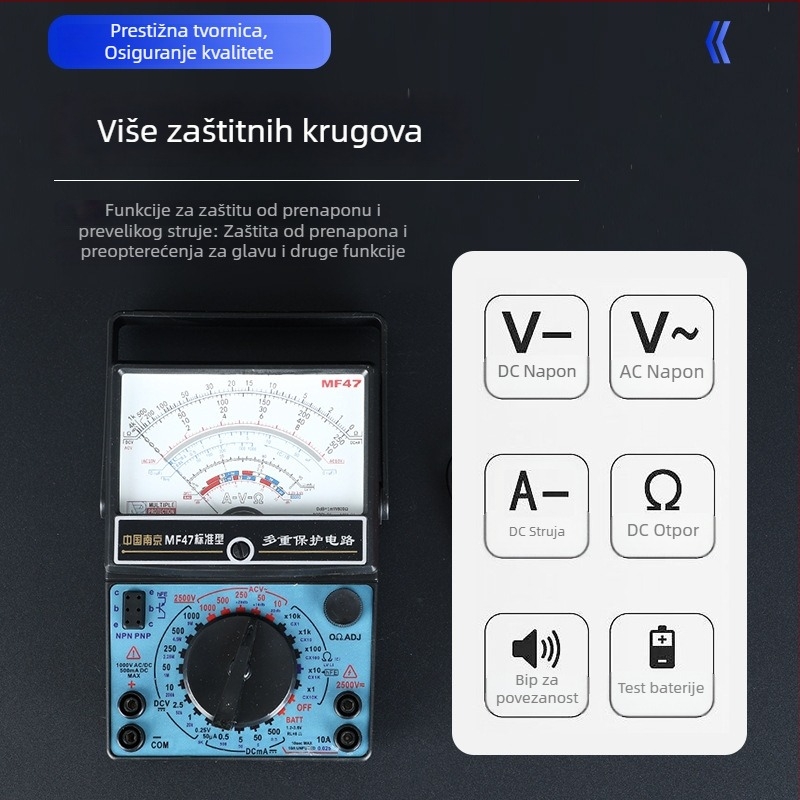 Multimetar MF47, pokazna serija, mehanički instrument, visoka zaštita od sagorijevanja, za profesionalnu upotrebu, brend Nanjing, uključuje testne šipke