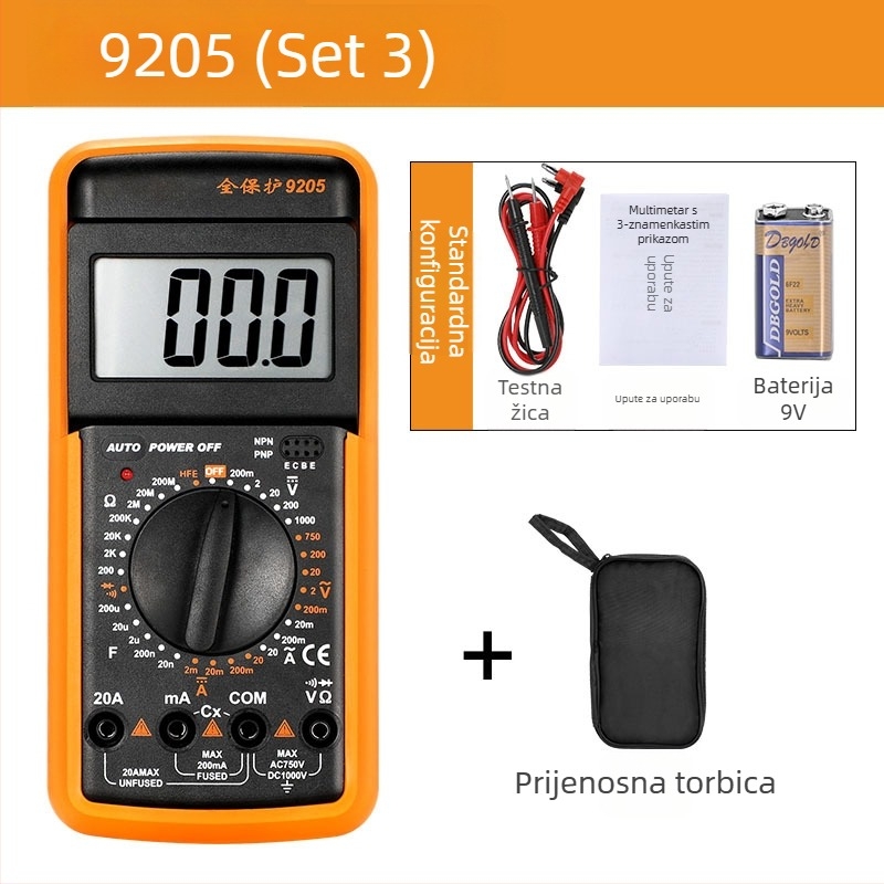 9205 digitalni multimetar — automatski, višefunkcionalan alat za elektrikare, profesionalna upotreba, zaštita od pregrijavanja i automatsko isključivanje