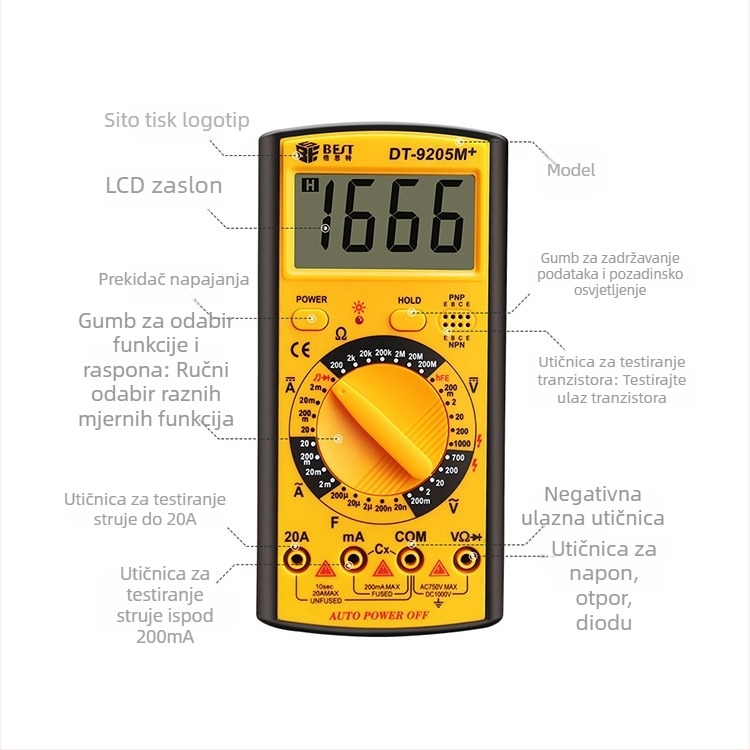 Best digitalni multimetar 9205M+ s memorijom i automatskim načinom rada, univerzalni mjerni alat za početnike, ampermetar