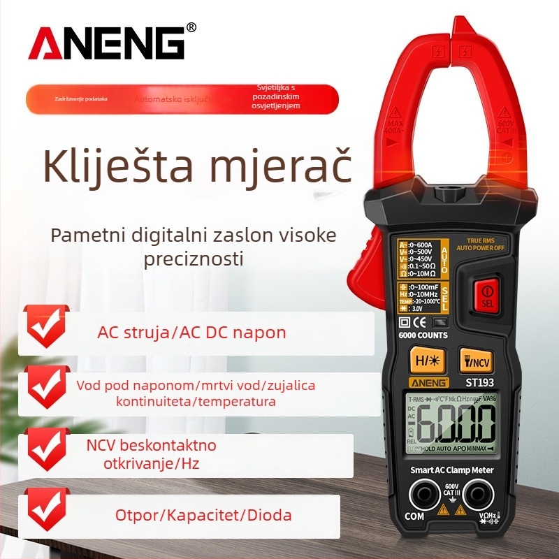 Inteligentni kliještni mjerač, automatski multimetar, visoke preciznosti ampermetar s klipsom, podsvijetljeni digitalni zaslon