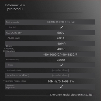 KUAIQU KM216B klešta ampermetar, 600 V, mjerenje DC/AC, 600 A