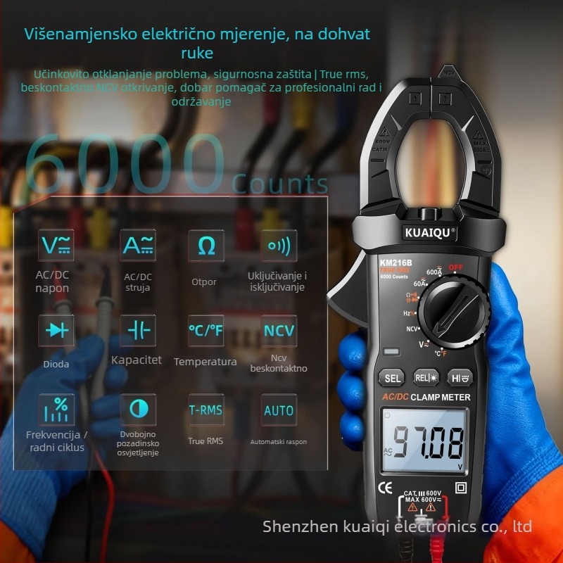 KUAIQU KM216B klešta ampermetar, 600 V, mjerenje DC/AC, 600 A