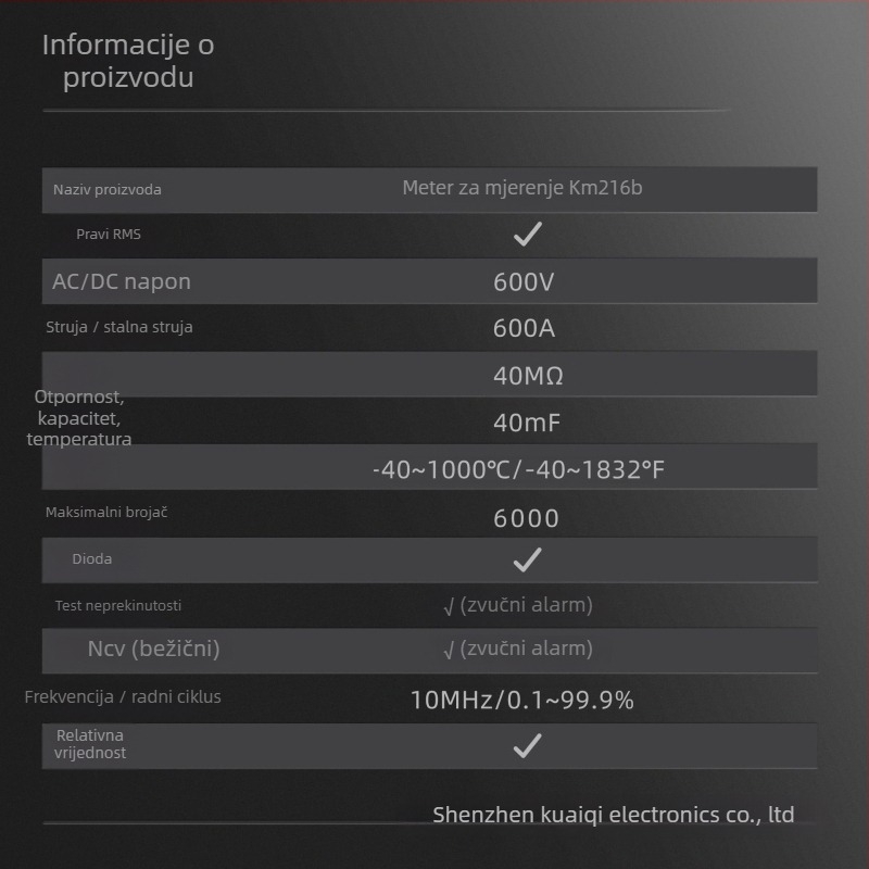KUAIQU KM216B klešta ampermetar, 600 V, mjerenje DC/AC, 600 A