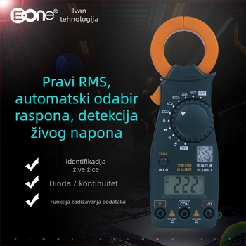 Digitalni klešta-metar s pravim RMS-om, NCV-om i automatskim rasponom; mjeri do 600 V, 600 A i 2 MΩ