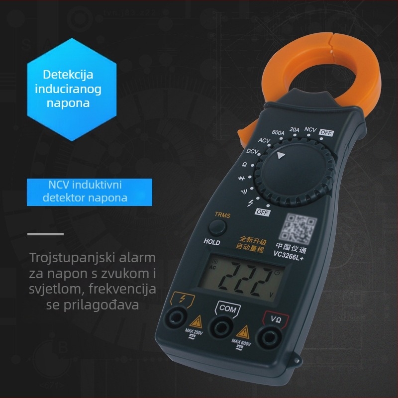 Digitalni klešta-metar s pravim RMS-om, NCV-om i automatskim rasponom; mjeri do 600 V, 600 A i 2 MΩ