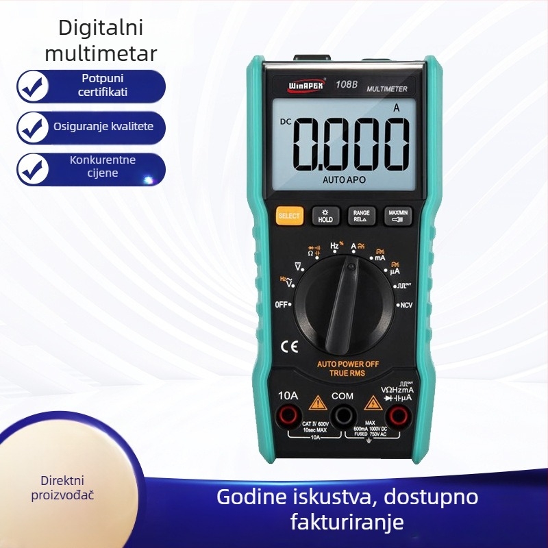 Digitalni multimetar, malen i kompaktan 108B, stvarna RMS vrijednost i srednja vrijednost, NCV izlaz kvadratnog vala, 6000-digitski raspon s automatskim podešavanjem
