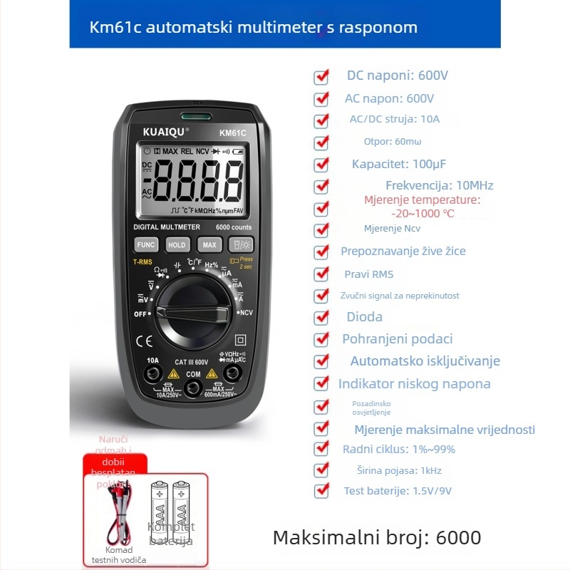 Kuaiqu digitalni multimetar s automatskim rasponom, mjerenje AC/DC struje, model KM61C/KM61B