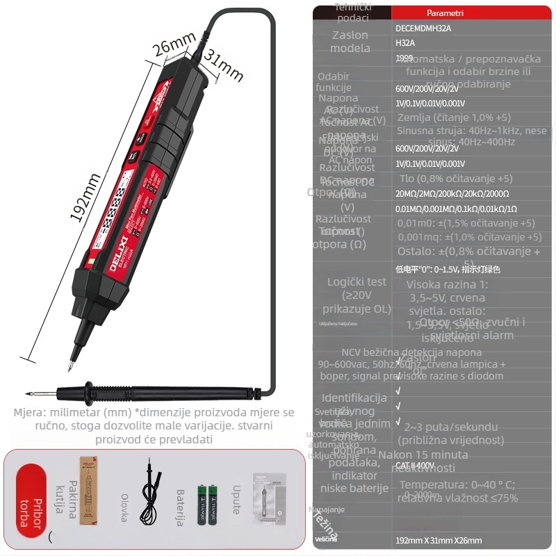 Delixi Electric inteligentni pen-stilni multimetar s bezkontaktnim mjerenjem napona, 600V AC/DC, dvostruka funkcija