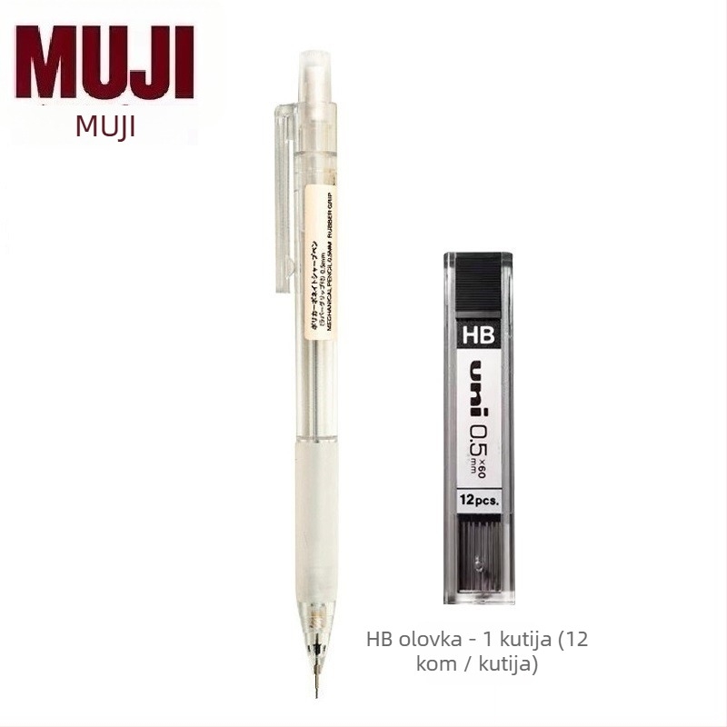 Muji mehanička olovka, 0,5 mm grafit, 2B/HB, prozirno tijelo, plastično kućište, ergonomski dizajn protiv umora
