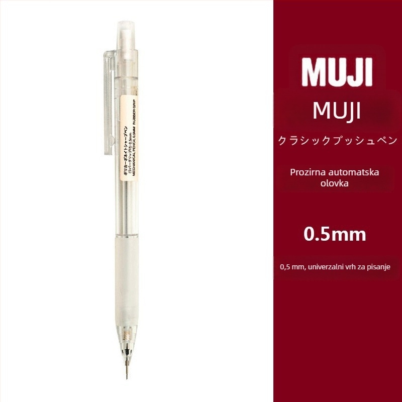 Muji mehanička olovka, 0,5 mm grafit, 2B/HB, prozirno tijelo, plastično kućište, ergonomski dizajn protiv umora