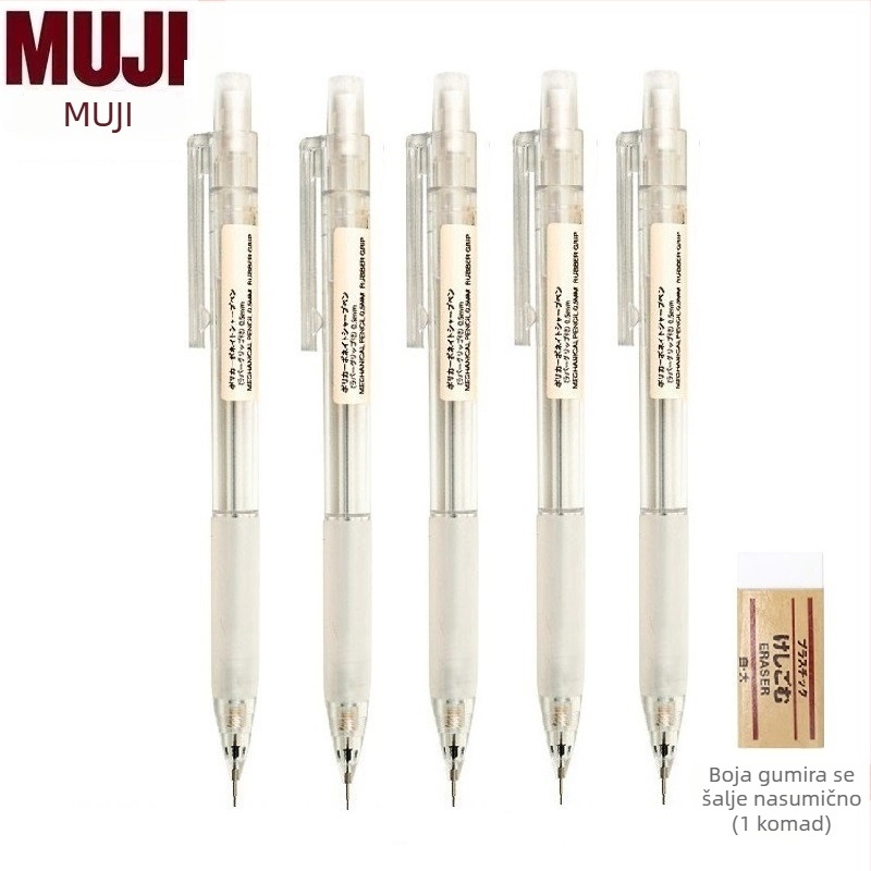 Muji mehanička olovka, 0,5 mm grafit, 2B/HB, prozirno tijelo, plastično kućište, ergonomski dizajn protiv umora